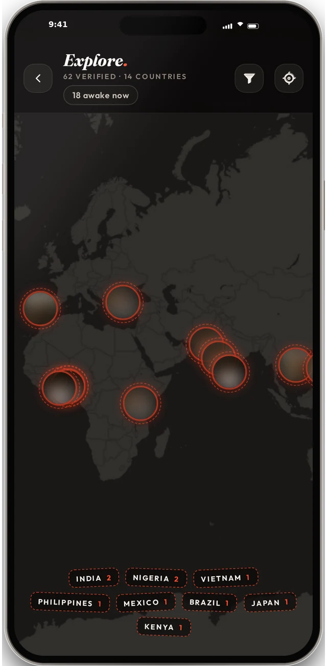 Ember's Explore map with verified members pinned across the world
