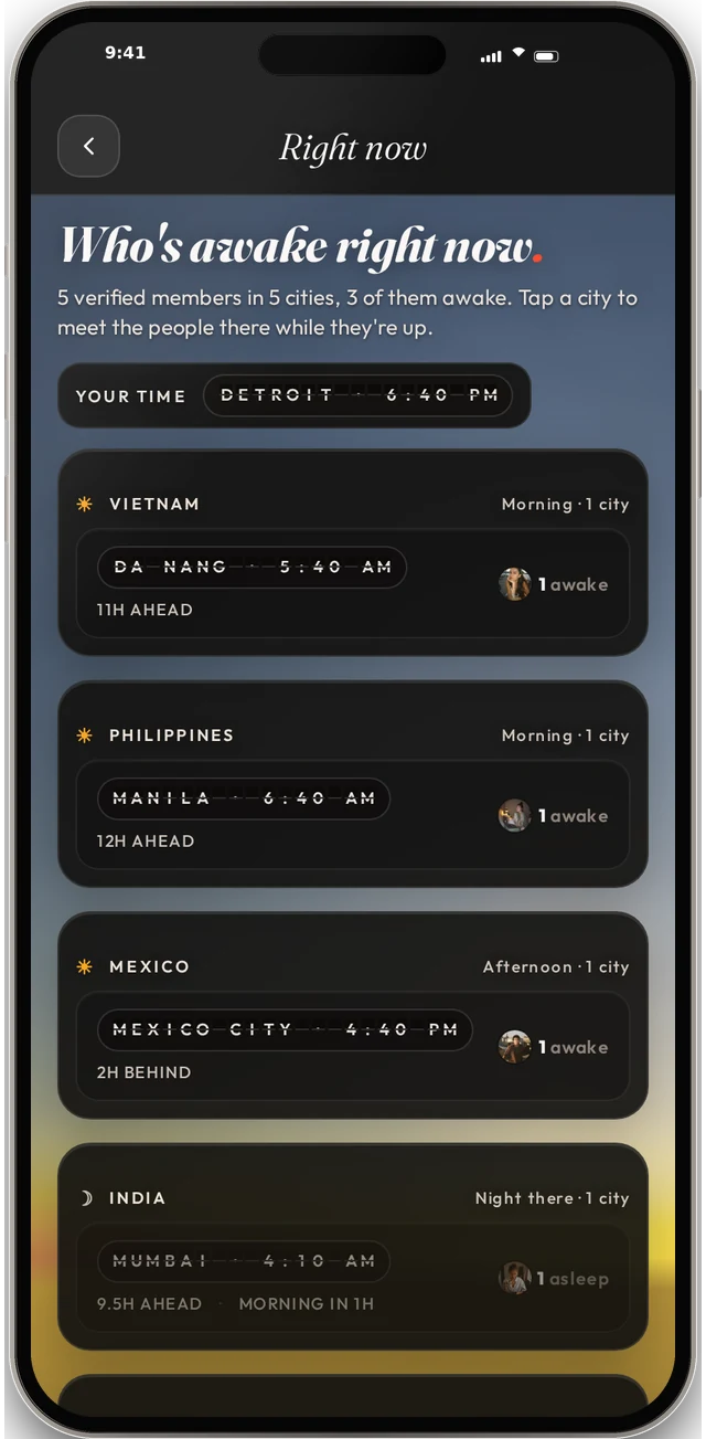 Ember's Right now screen: who is awake, country by country, under a sky that follows the sun